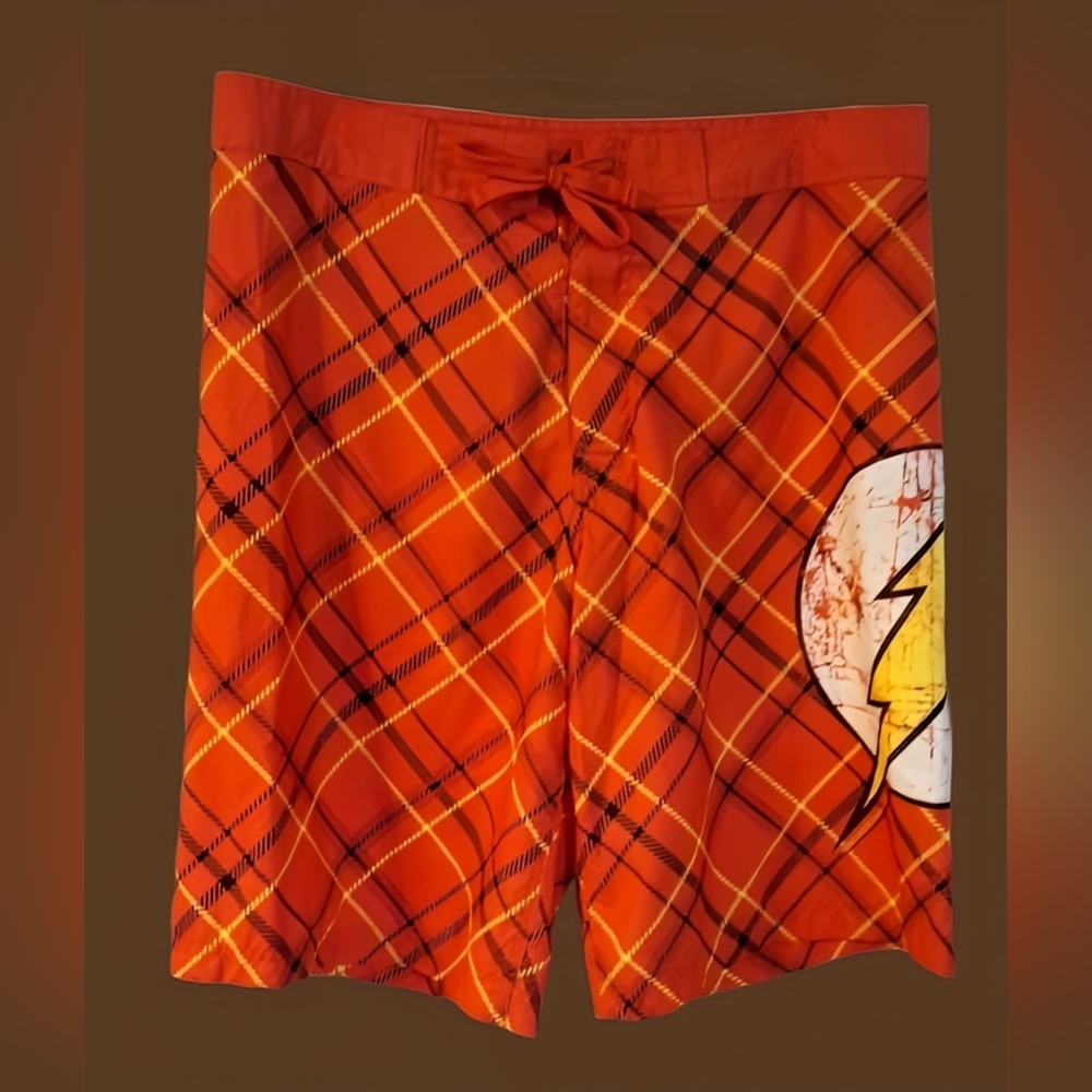 DC Comics The Flash Board Shorts - Men's Red Plaid Swim Trunks (Size 34)